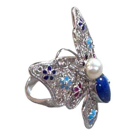 Butterfly Enamel Sterling Silver Ring Lapis Lazuli Pearl Accents Cloisonne 925 - Picture 10 of 11